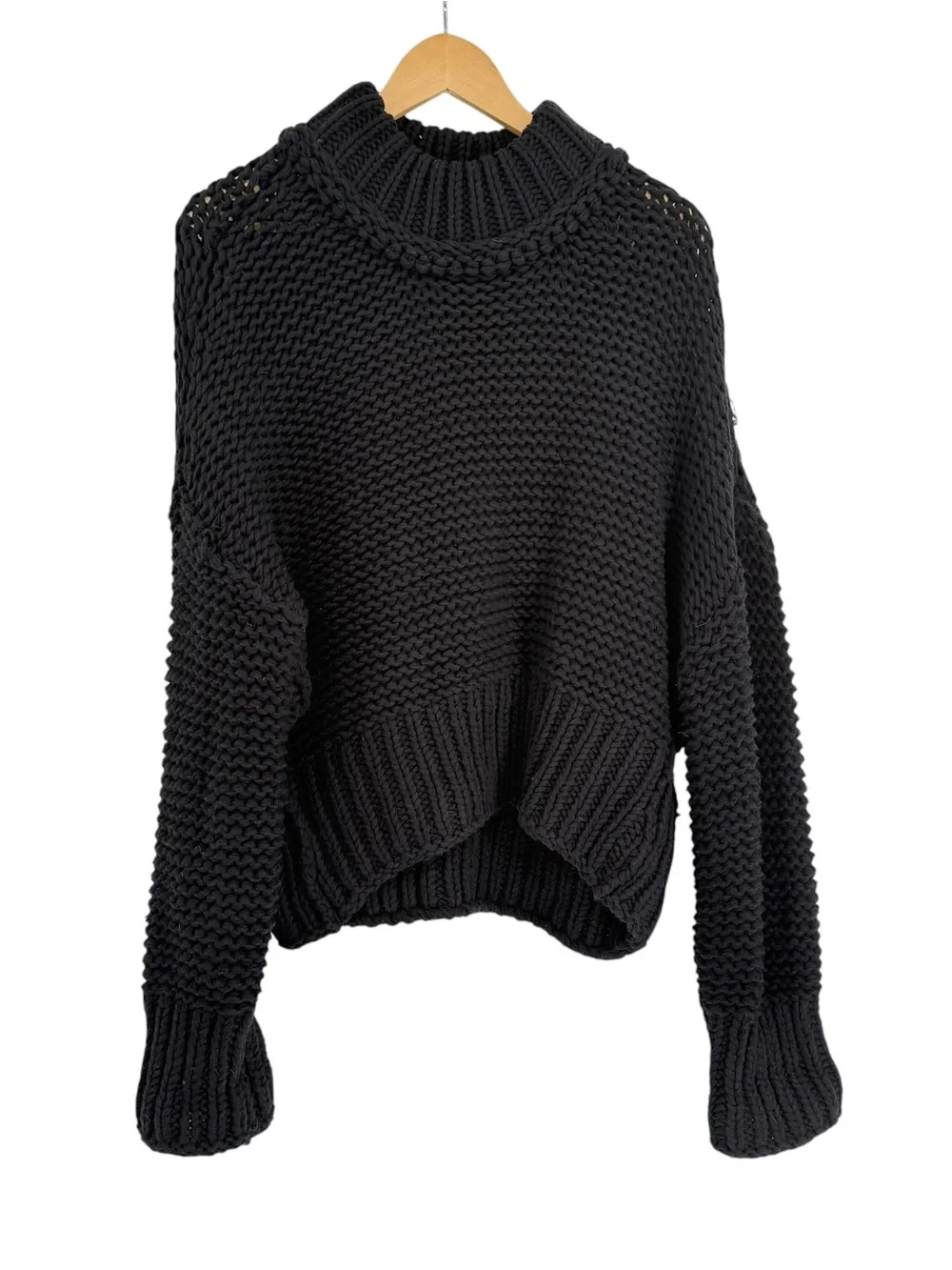 Free People Womens Sweater My Only Sunshine Size L Black Chunky Knit Mock Neck